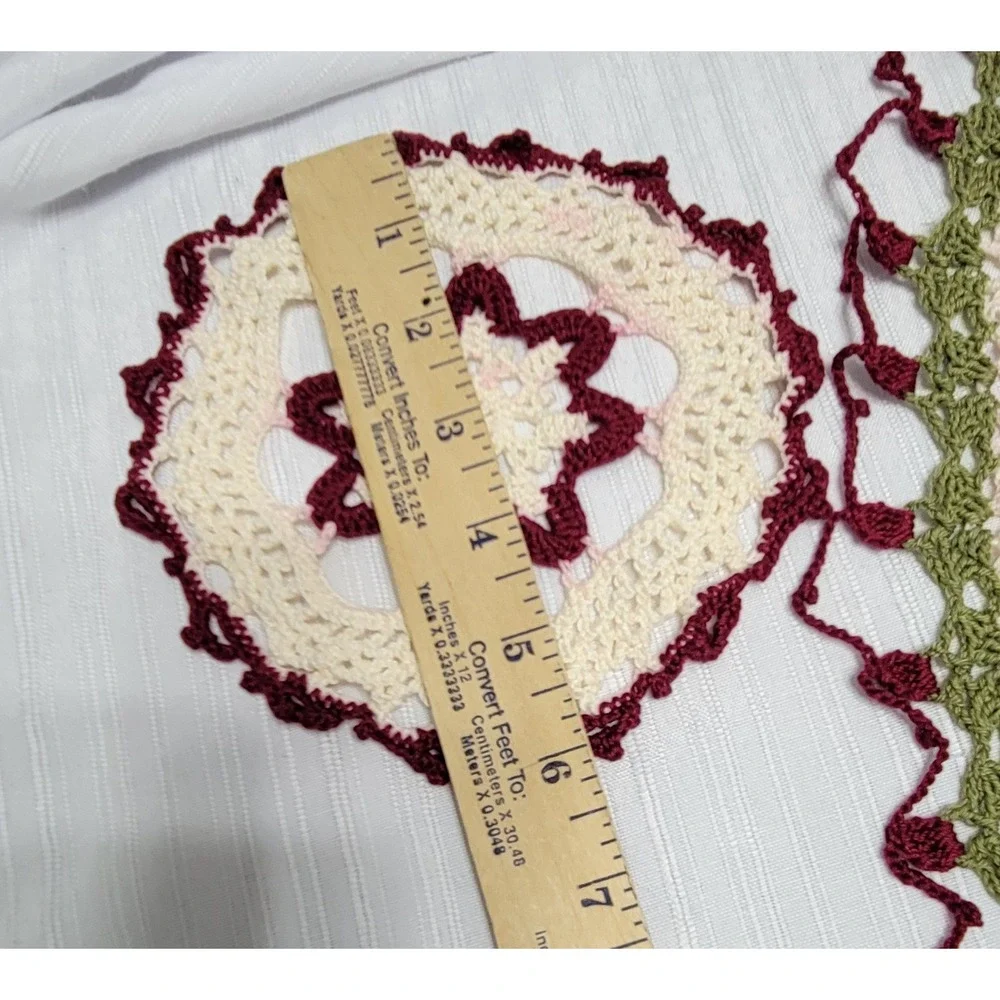 Doily Set 3pc Cream Burgundy Green Pink Floral Round Vintage Handmade Crochet